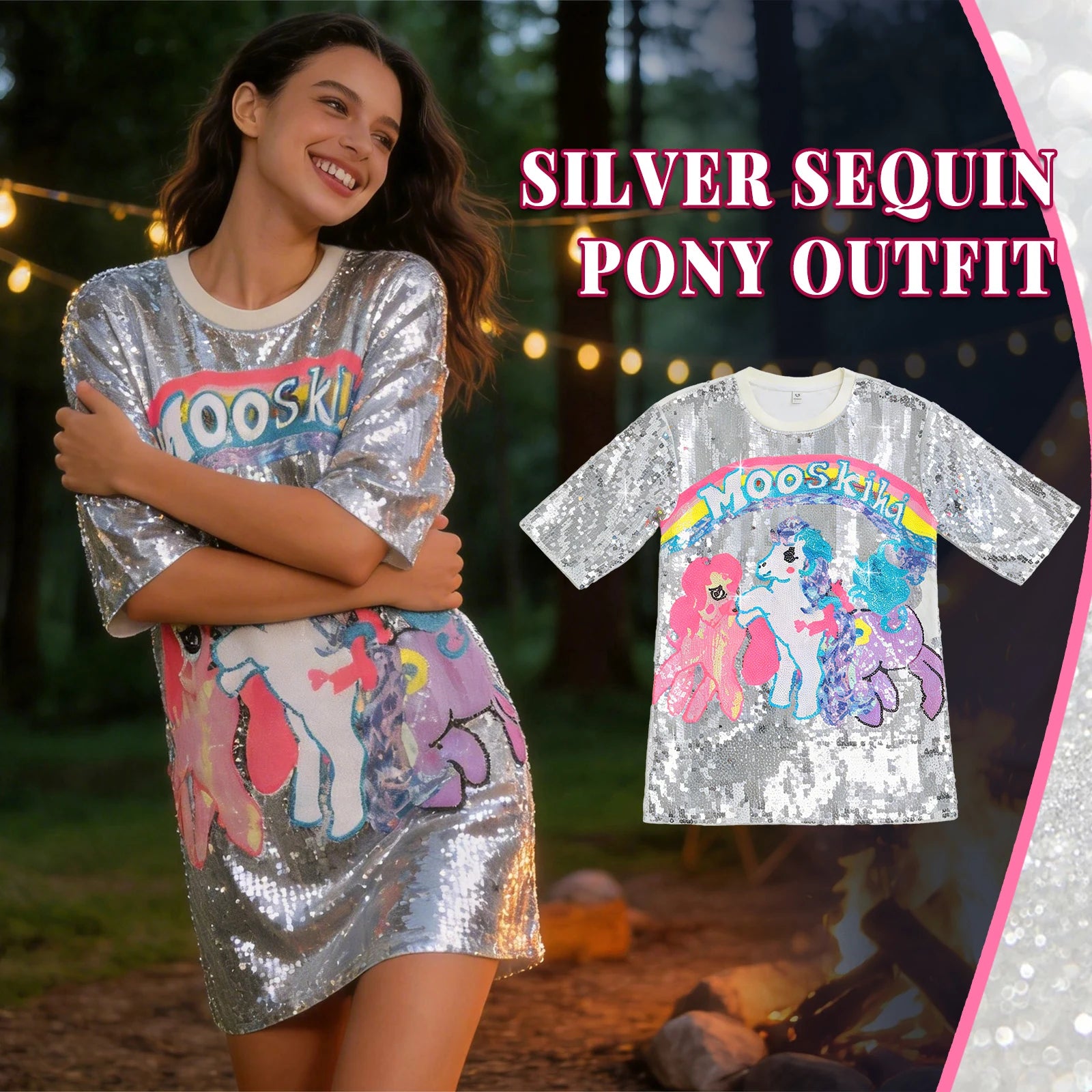 A promotional party scene shows a woman wearing the silver sequin pony T-shirt dress beside a front view of the garment.
