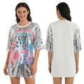 Front and back views show the colorful pony graphic, silver sequin sleeves and plain white back of the T-shirt dress.