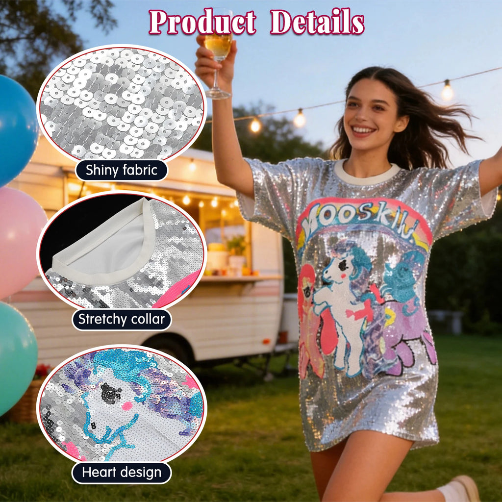 A product detail panel highlights the fabric texture and construction details of the silver sequin pony T-shirt dress.
