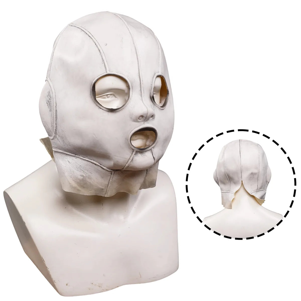 Rear view shows the open neck slit of the full-head mask.