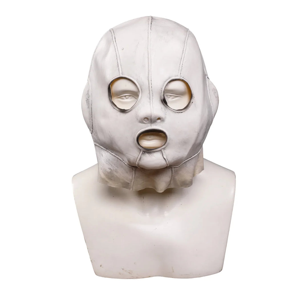 Front view of the silver stitched full-head costume mask with open eyes and mouth.