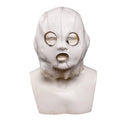 Front view of the silver stitched full-head costume mask with open eyes and mouth.