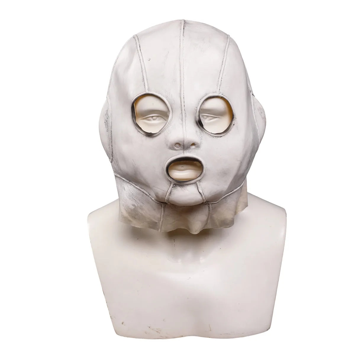 Front view of the silver stitched full-head costume mask with open eyes and mouth.