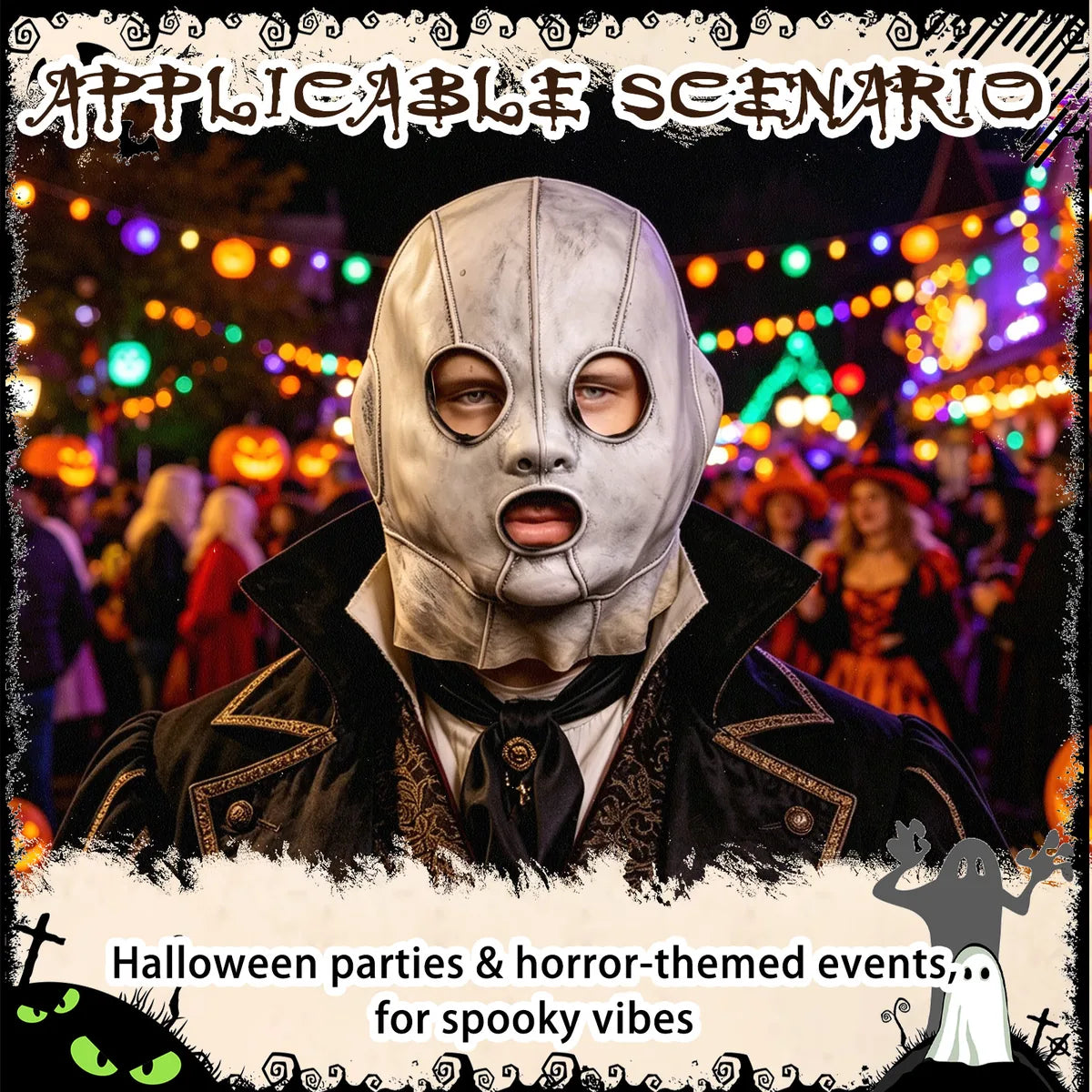 Silver stitched full-head costume mask worn by an adult at a Halloween party.