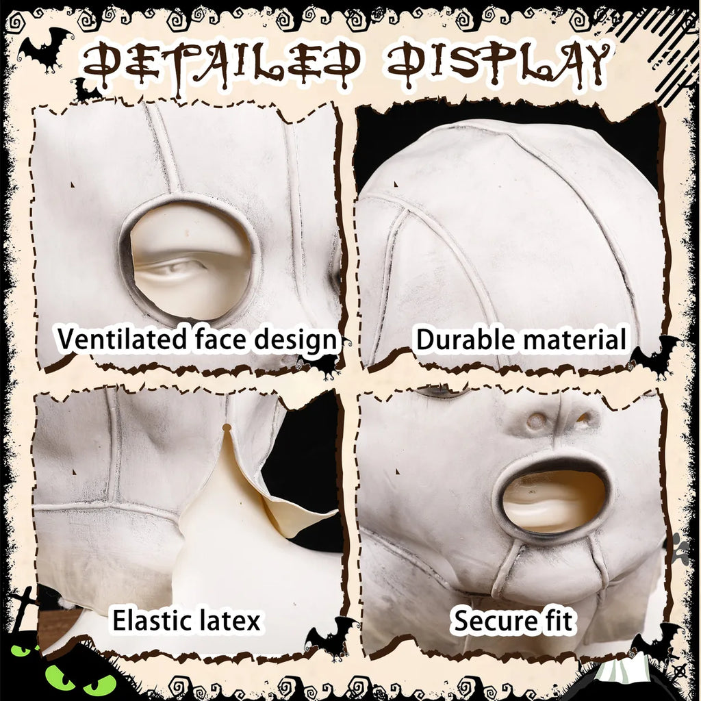 Detail graphic highlights the mask ventilation openings, latex texture, and secure fit.