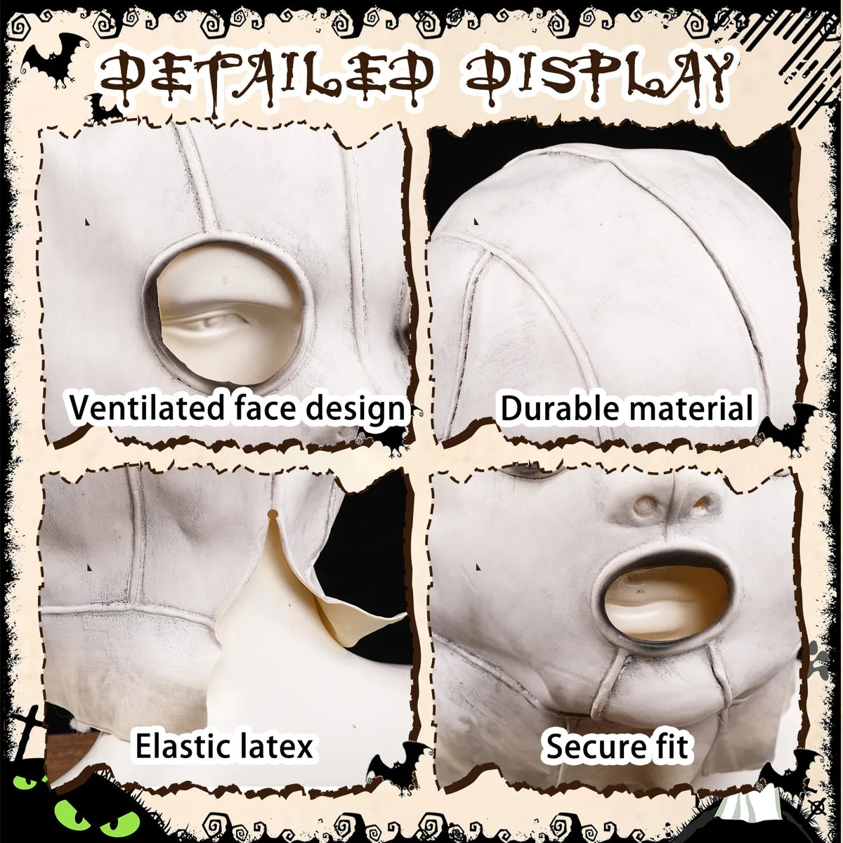 Detail graphic highlights the mask ventilation openings, latex texture, and secure fit.