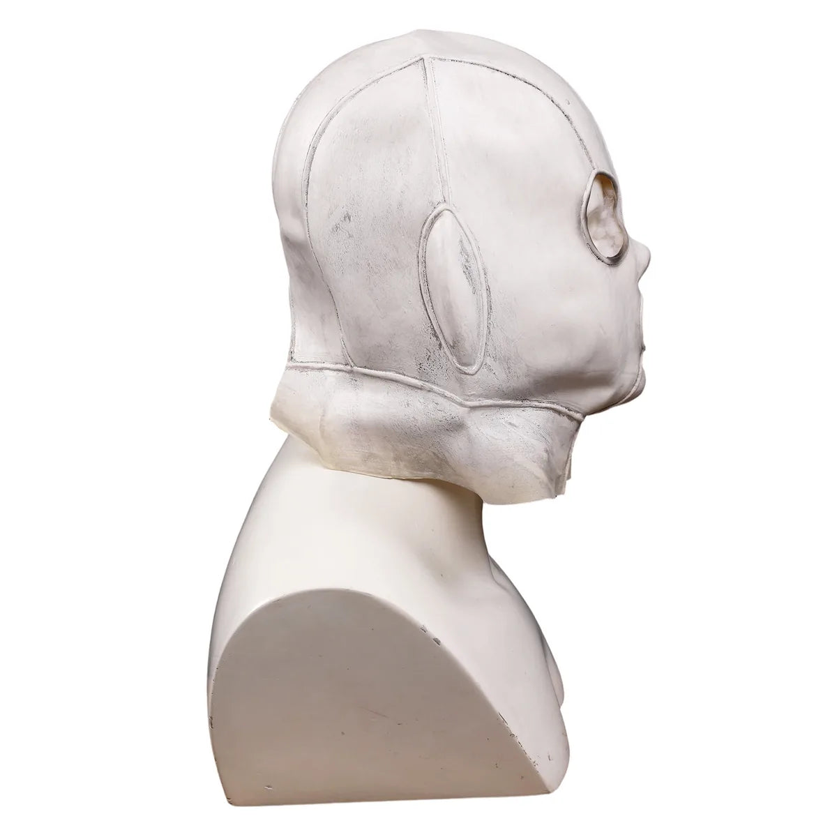 Side view of the silver stitched full-head mask shows the molded ear and extended neck coverage.