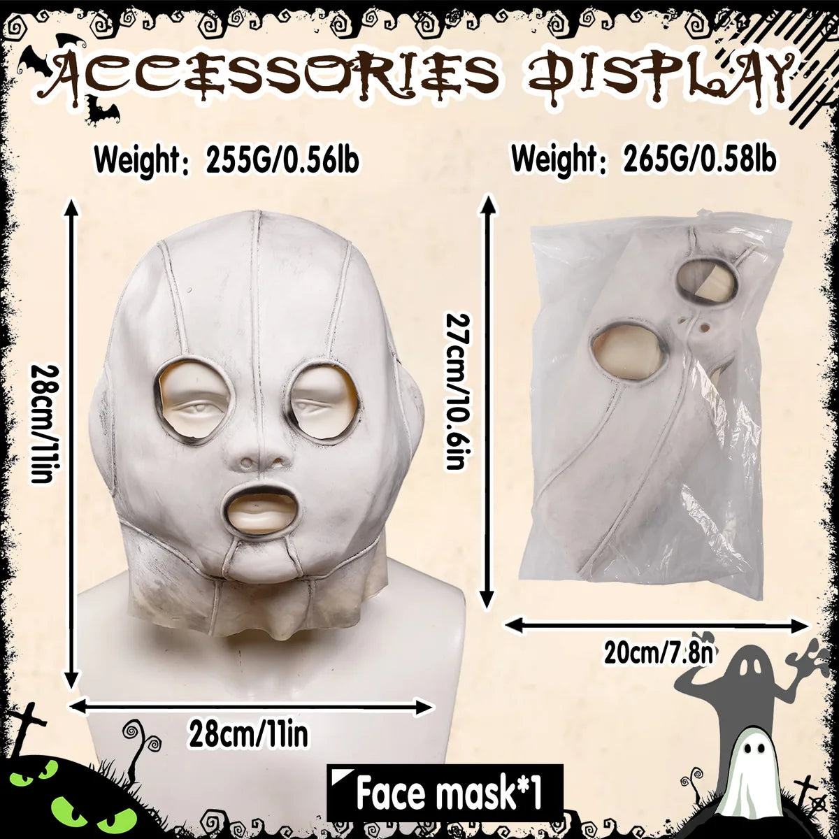 Size graphic shows the full-head mask and package dimensions with listed weights.