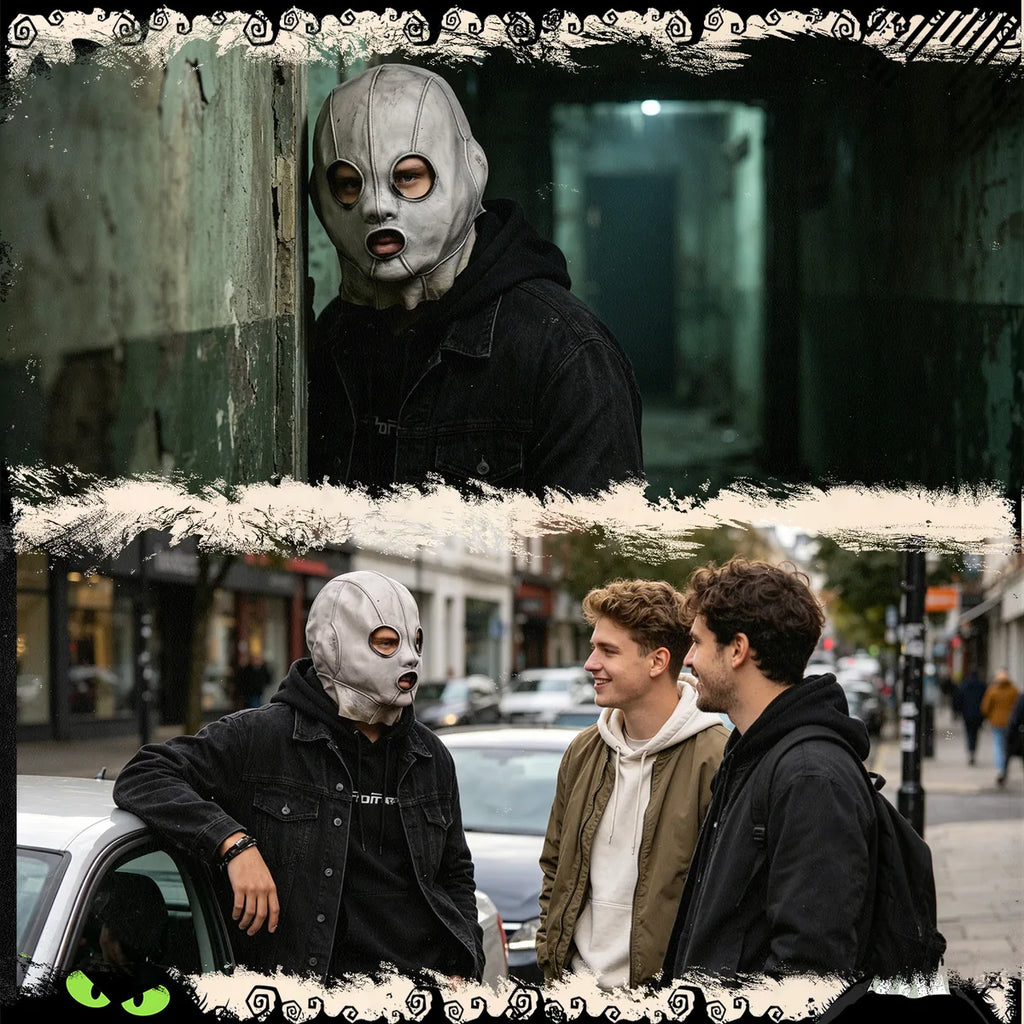 Silver stitched full-head mask worn with a dark street costume.