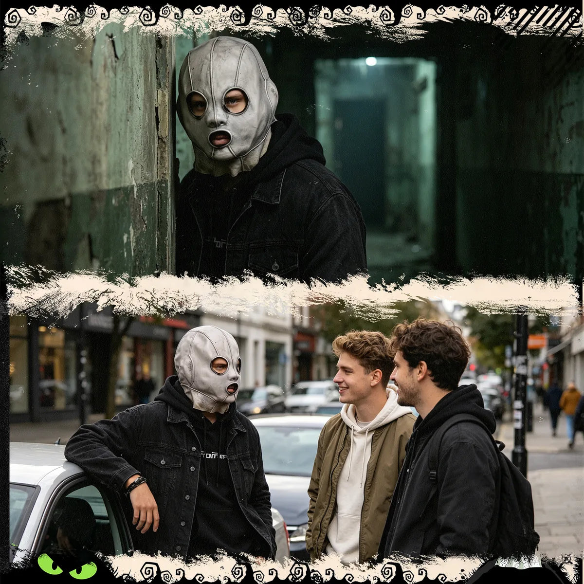 Silver stitched full-head mask worn with a dark street costume.