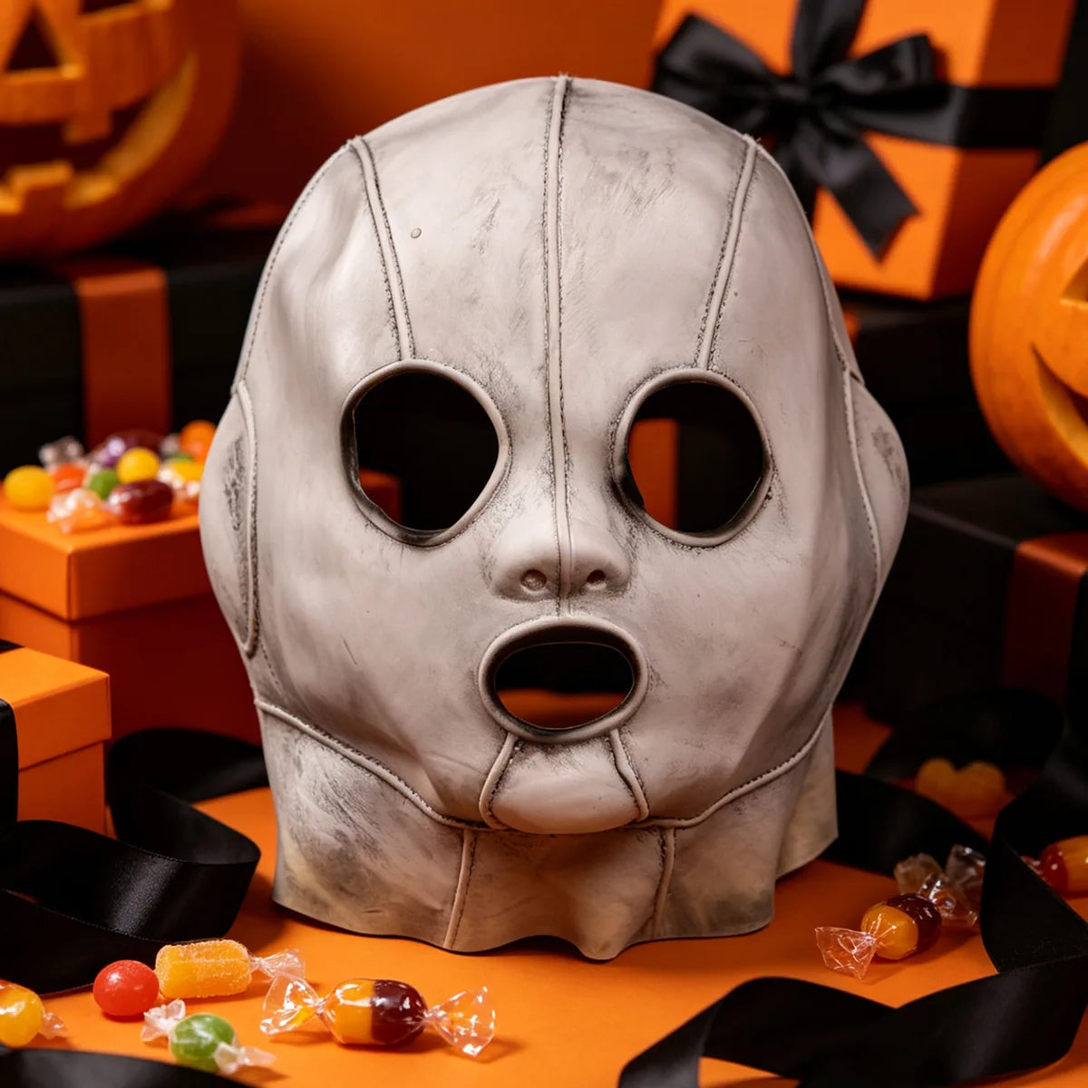 Silver stitched full-head costume mask displayed with pumpkins and Halloween candy decor.