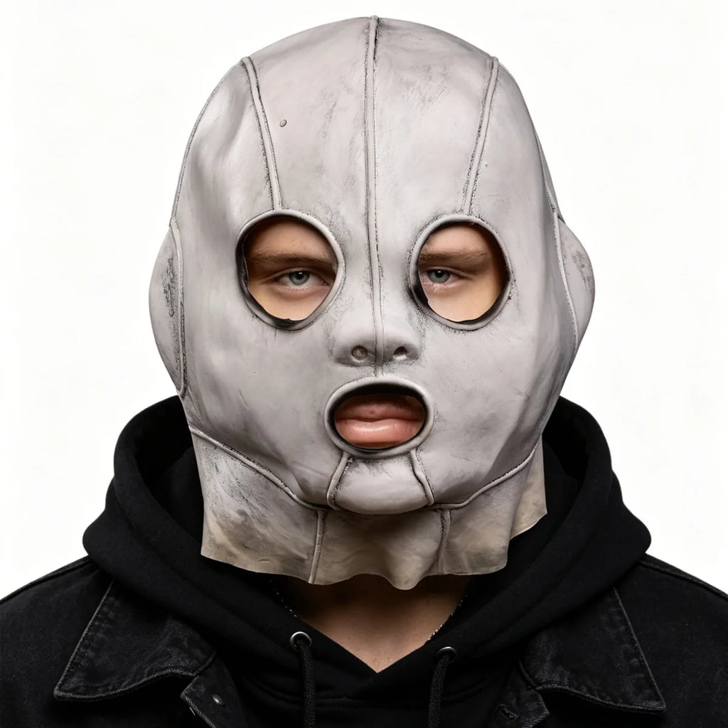 Adult wears the silver stitched full-head mask from the front.