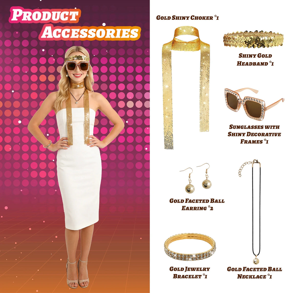 A clear product view presents a six included gold disco costume accessories for women, with the coordinated sunglasses, headband, scarf and jewelry clearly visible.