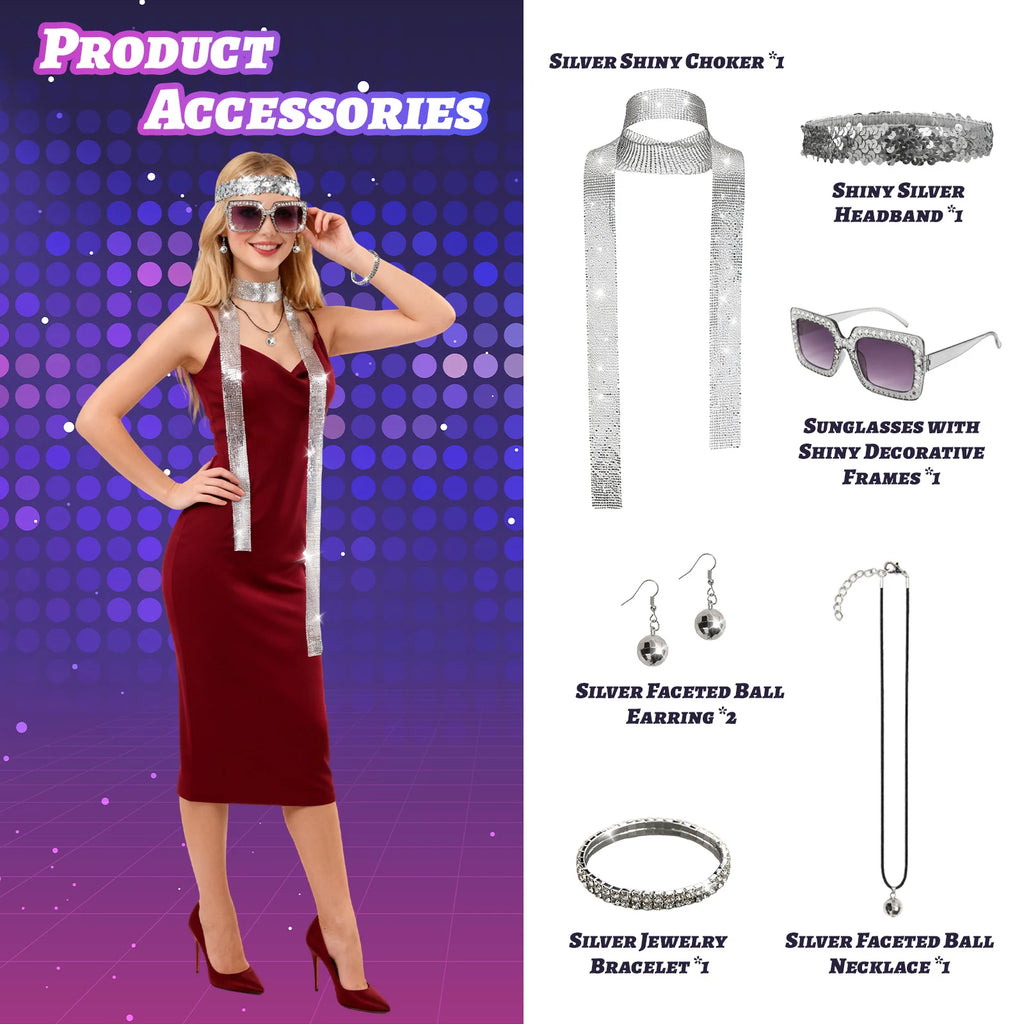 A clear product view presents a six included silver disco costume accessories for women, with the coordinated sunglasses, headband, scarf and jewelry clearly visible.