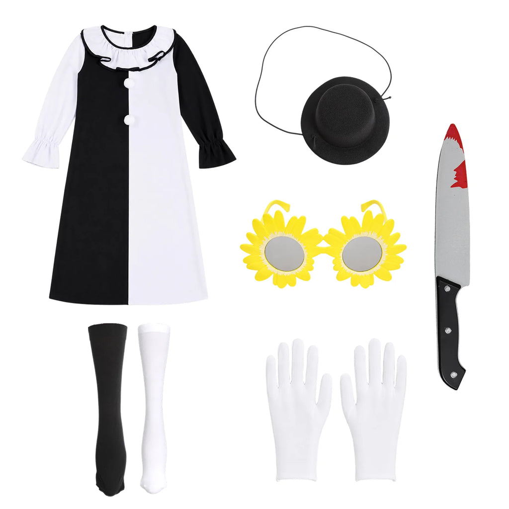 Six-piece clown costume flat lay with dress, socks, glasses, hat, gloves and prop knife.