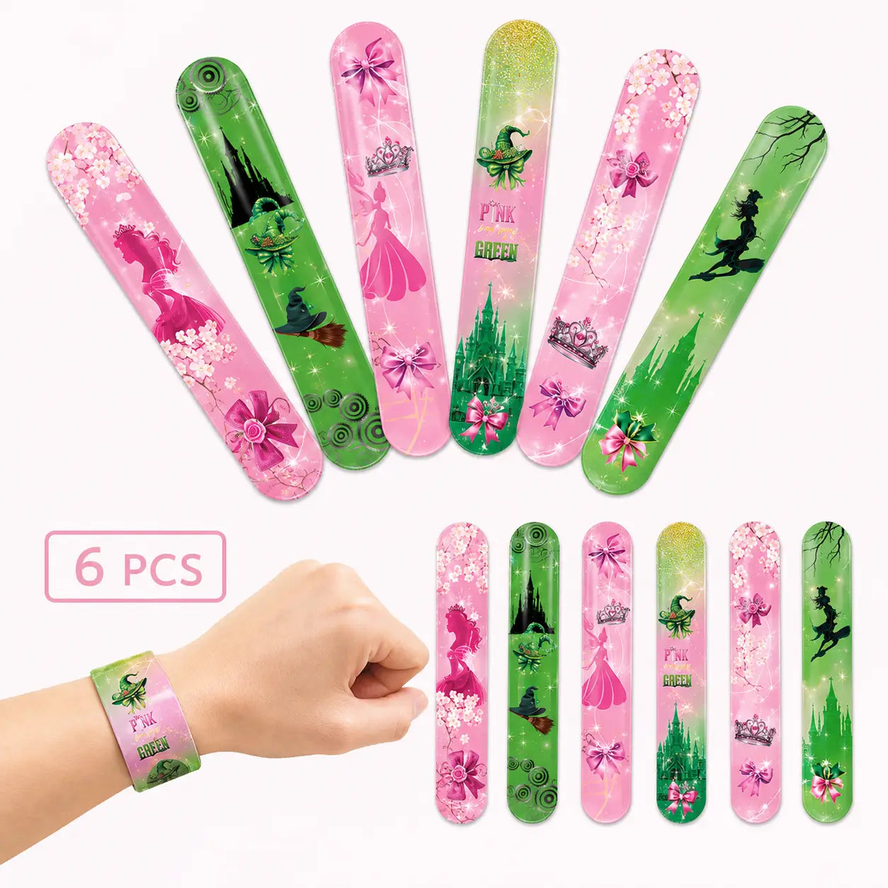 Six-piece pink and green witch and princess slap bracelet set shown flat and worn on the wrist for themed party favors.