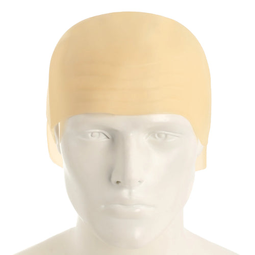 A clear product view presents a skin-tone adult bald cap for Halloween costumes and character makeup, with the smooth skin-tone surface and close-fitting cap shape clearly visible.
