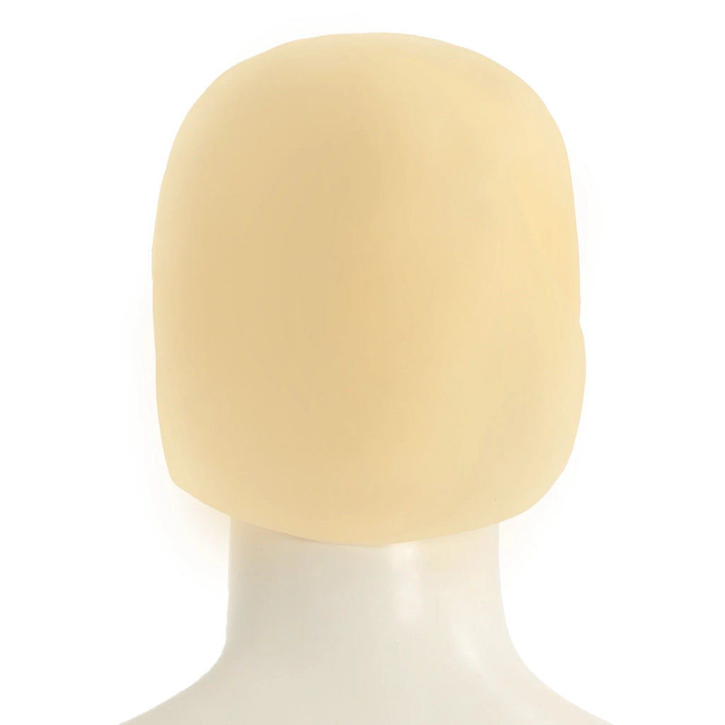 Skin-tone costume bald cap shown from multiple angles to highlight the smooth skin-tone surface and close-fitting cap shape.