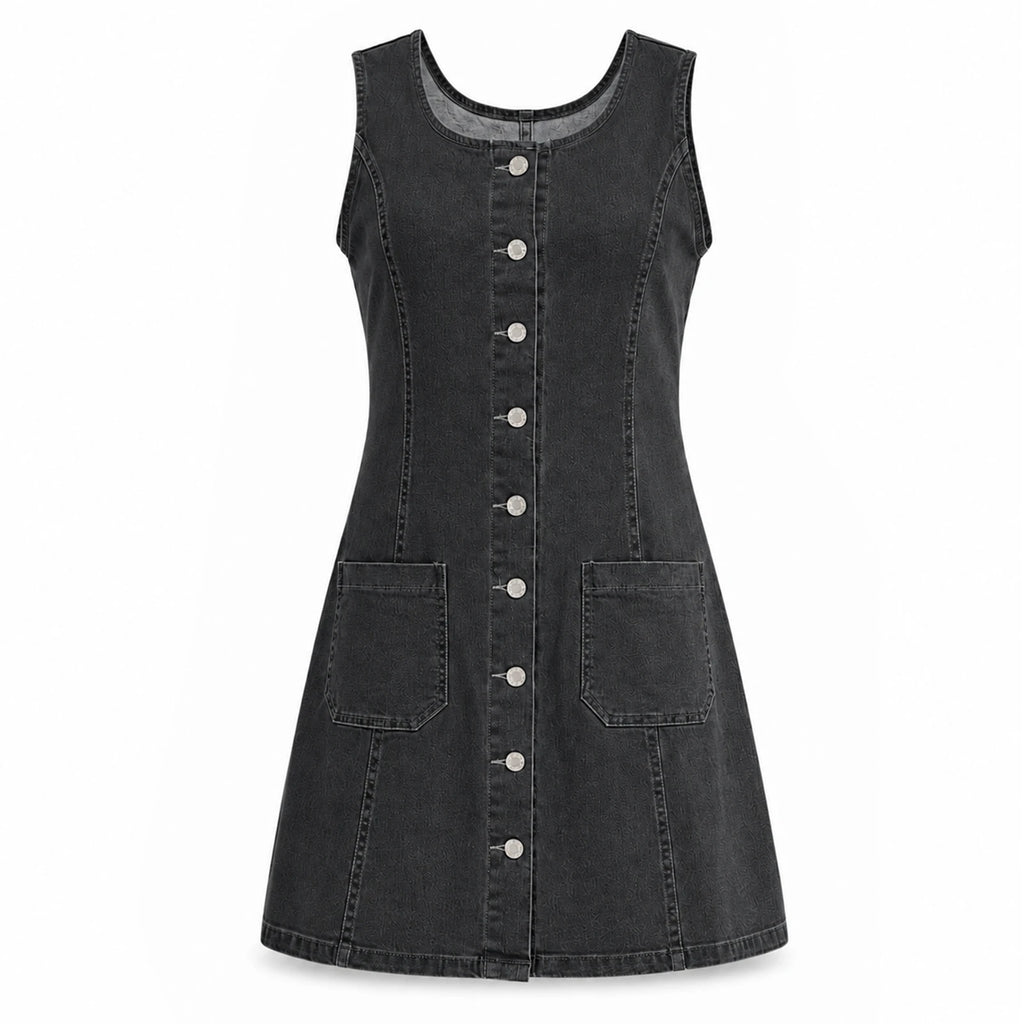 The black-gray denim dress is displayed alone, revealing its scoop neckline, front seams and flared hem.