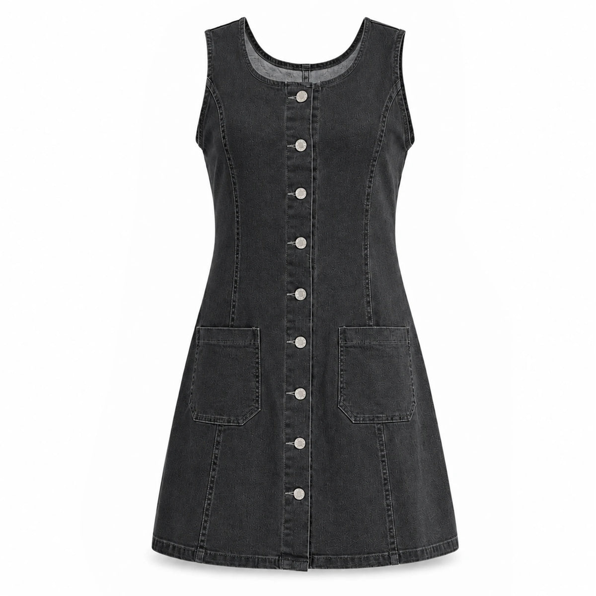 The black-gray denim dress is displayed alone, revealing its scoop neckline, front seams and flared hem.