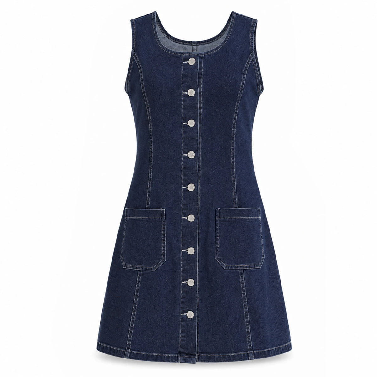 The dark-blue denim dress appears alone against white with contrasting buttons and a gently flared skirt.