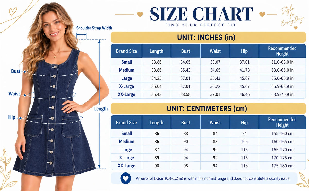 A dark-blue denim dress model appears beside the S–XXL size chart in inches and centimeters.
