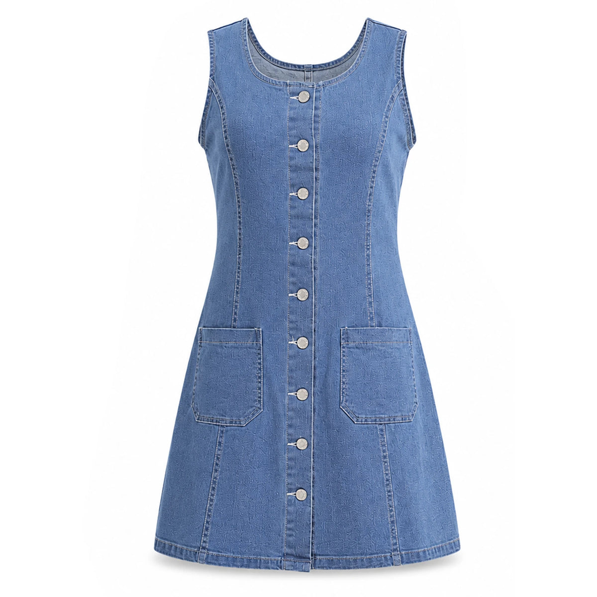 An isolated light-blue denim dress displays a rounded neckline, button placket and two front patch pockets.