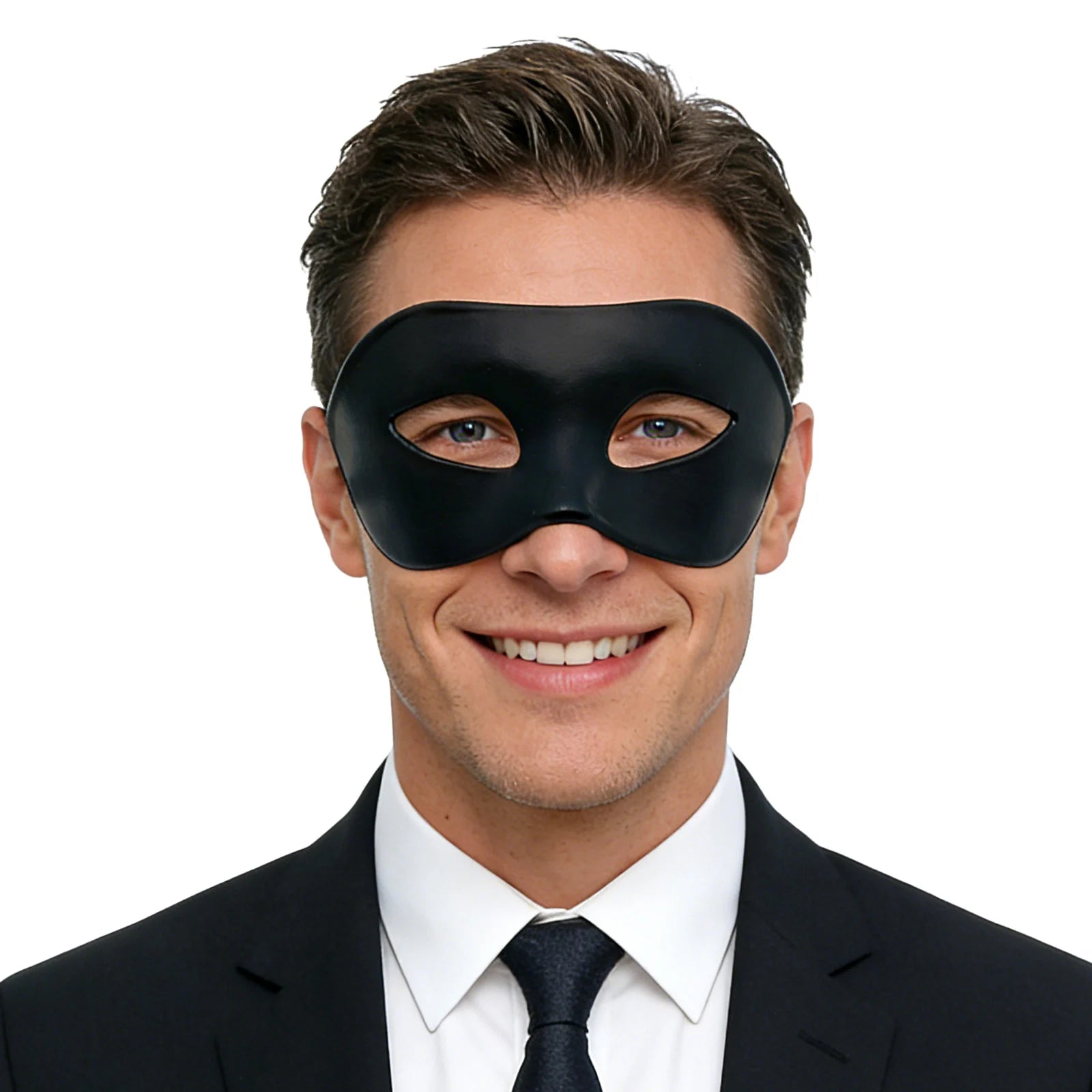 A clear product view presents a smooth matte black masquerade eye mask worn by an adult, with the sculpted eye shape and adjustable black ribbon tie clearly visible.