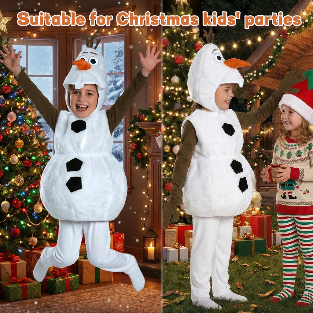 Children model the snowman costume in a graphic describing Christmas kids parties.