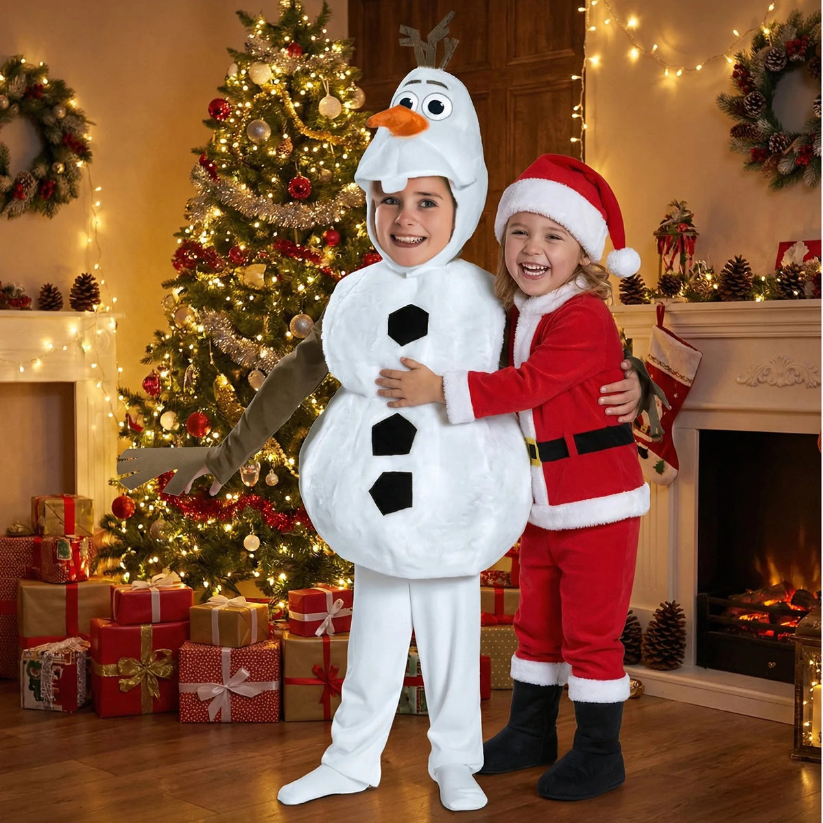 A child wears the snowman costume beside a Santa-costumed companion near a Christmas tree.