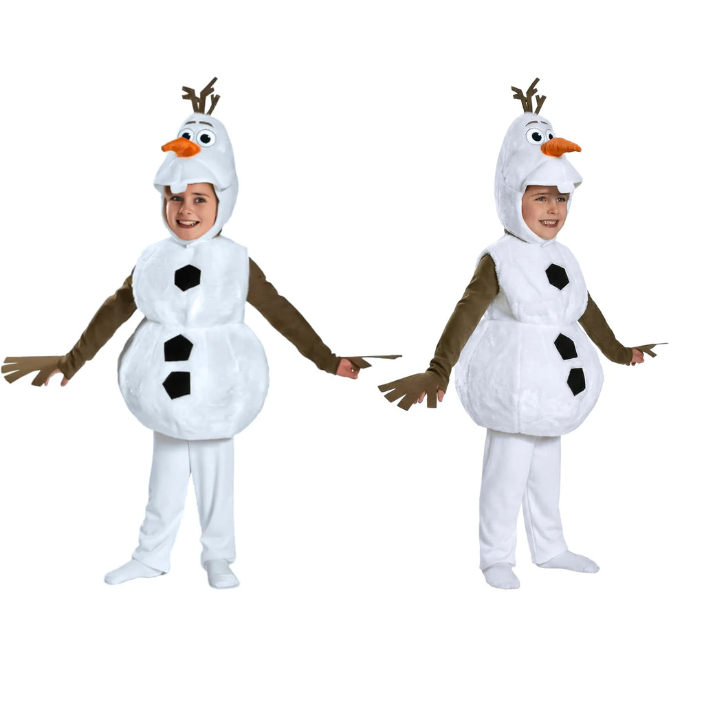 Front and side poses show the snowman costume with its rounded white vest.