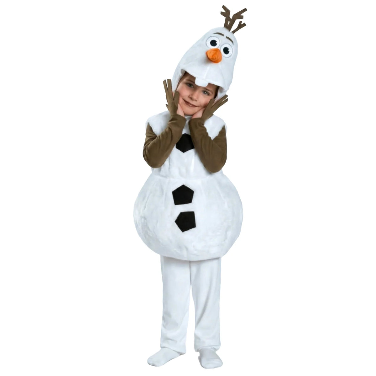 A child in the snowman costume tilts their head with hands beside their face.