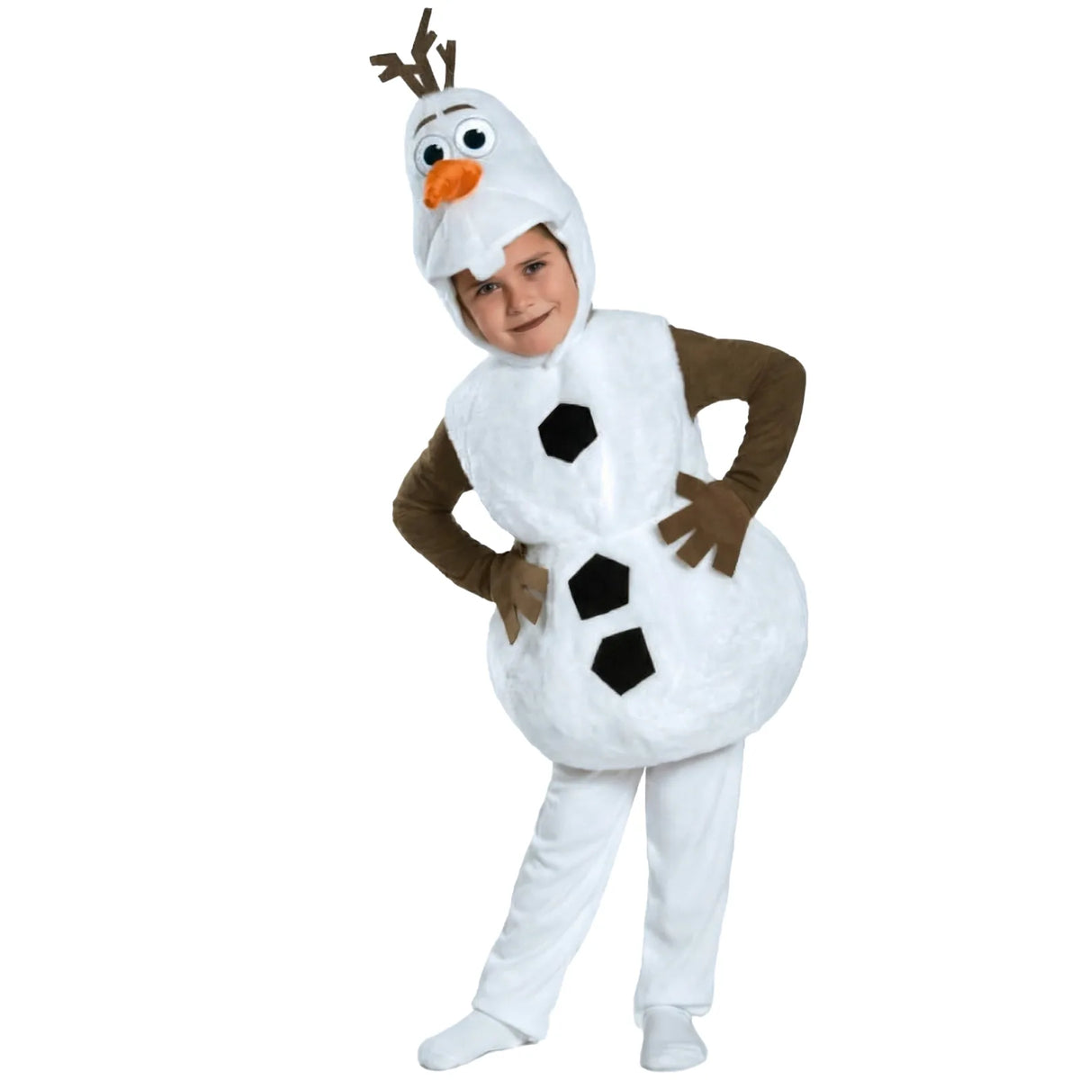 A child poses with hands on hips in the white snowman costume.