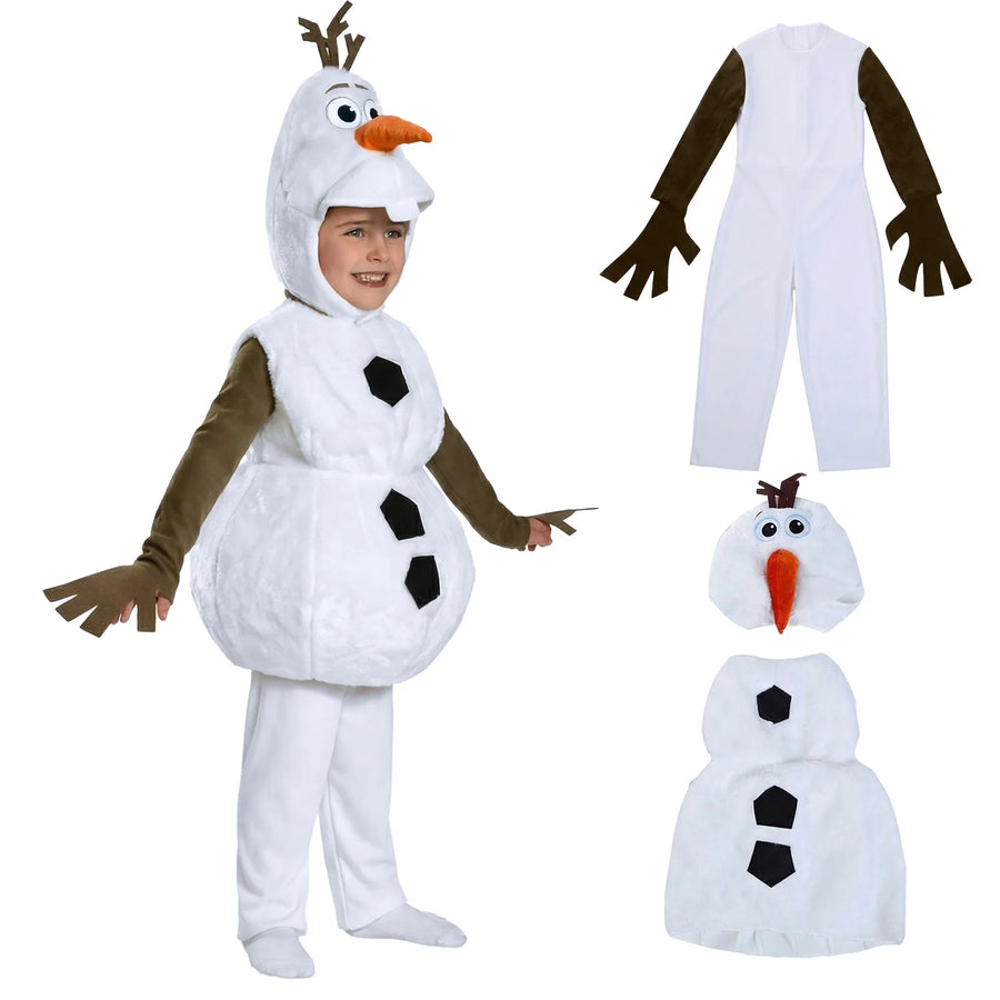 Inspired by Olaf, a child wears the snowman costume beside its separate jumpsuit, headpiece and vest.