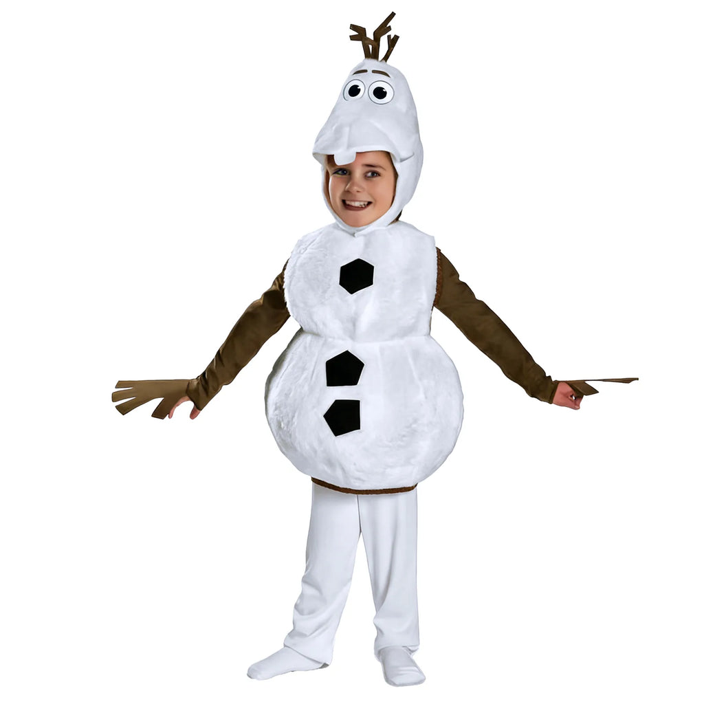 Inspired by Olaf, the snowman costume has brown branch-shaped sleeves extended beside the white vest.