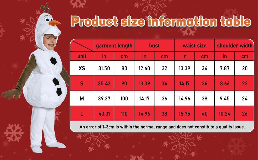 The snowman costume size chart lists XS through L jumpsuit measurements in centimeters and inches.