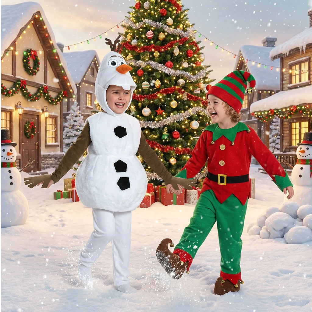 The snowman costume appears beside an elf-costumed companion in a snowy village scene.