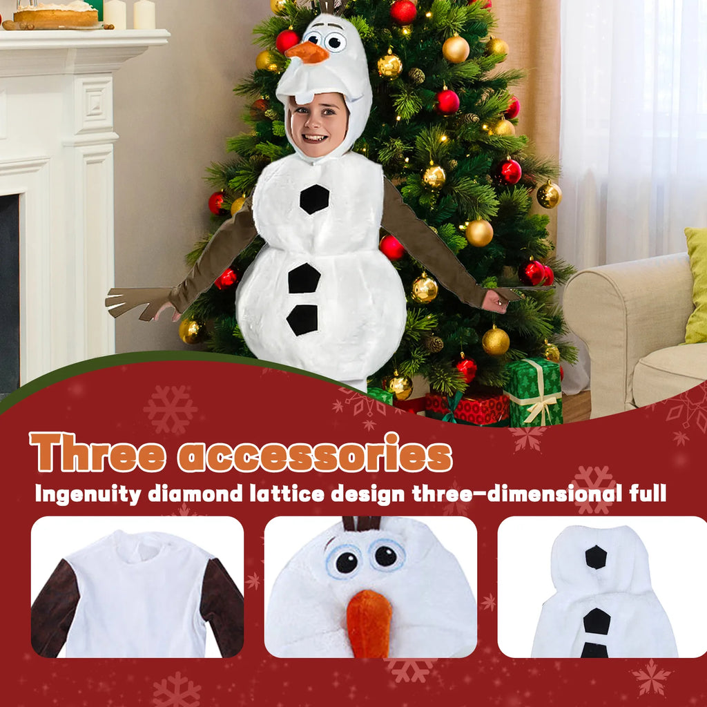 A snowman costume detail panel shows the jumpsuit, character headpiece and separate vest.
