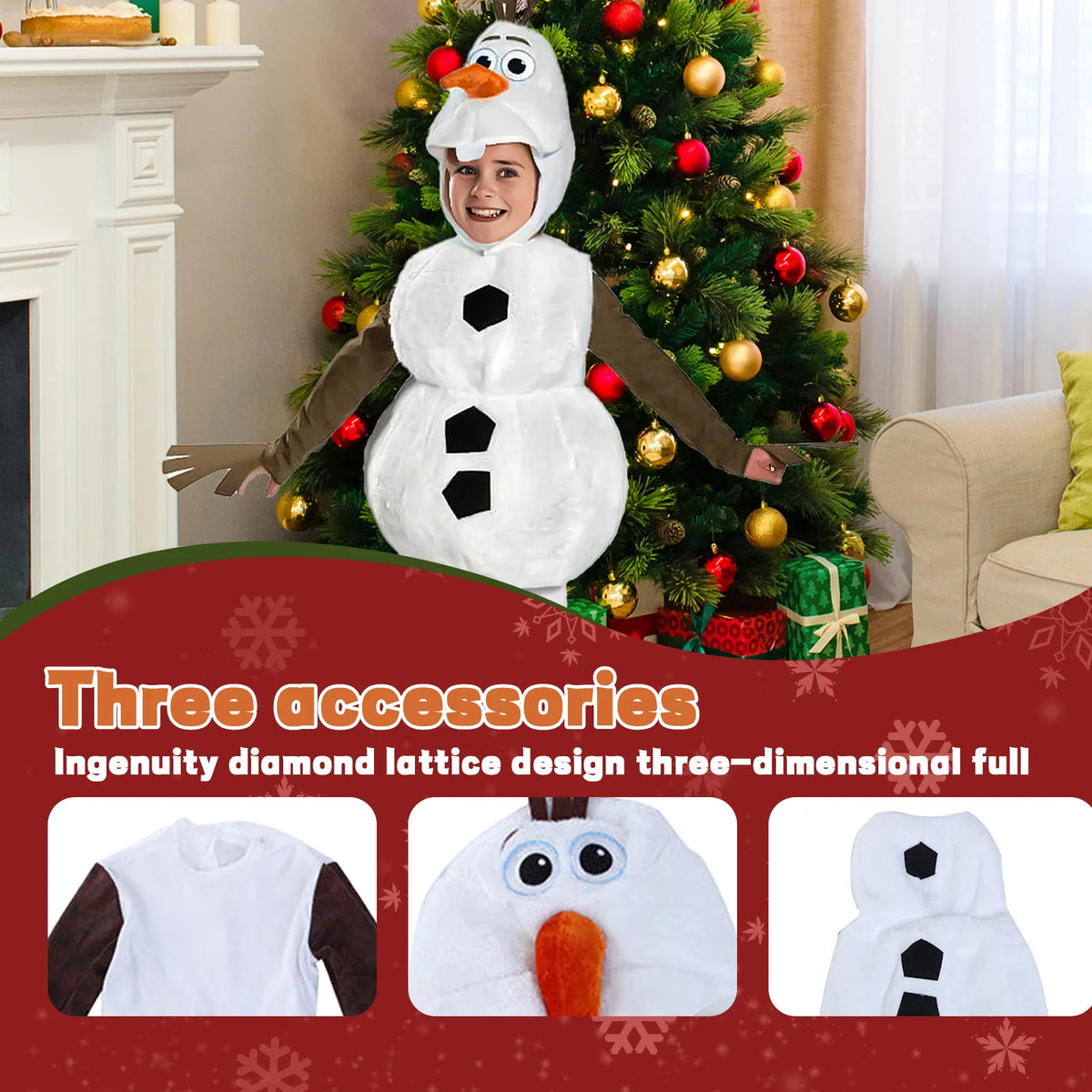 A snowman costume detail panel shows the jumpsuit, character headpiece and separate vest.