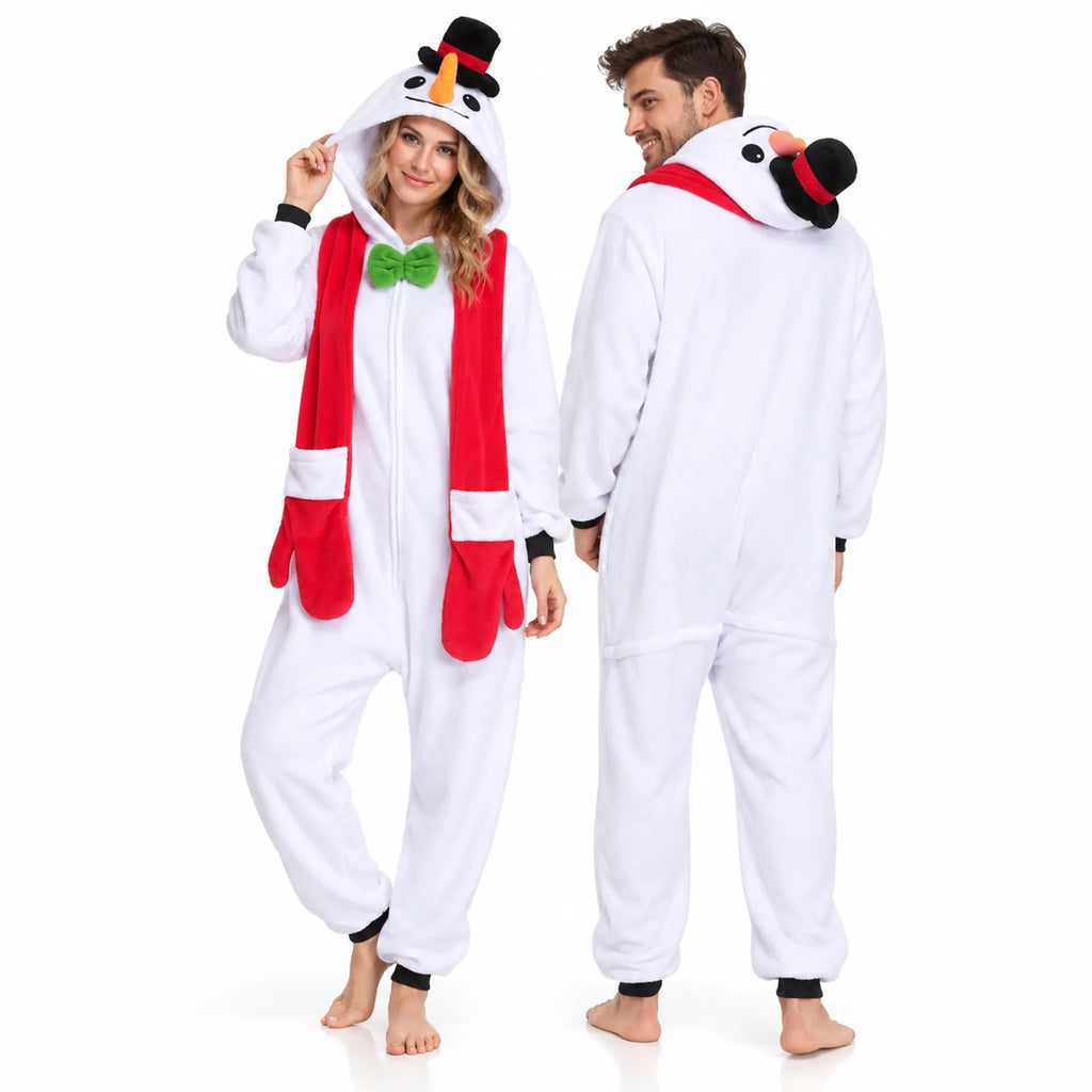 Two adults show the front and back of the white snowman onesie.