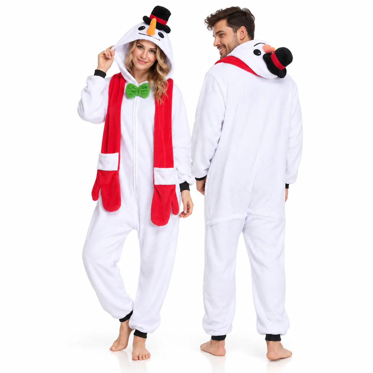 Two adults show the front and back of the white snowman onesie.