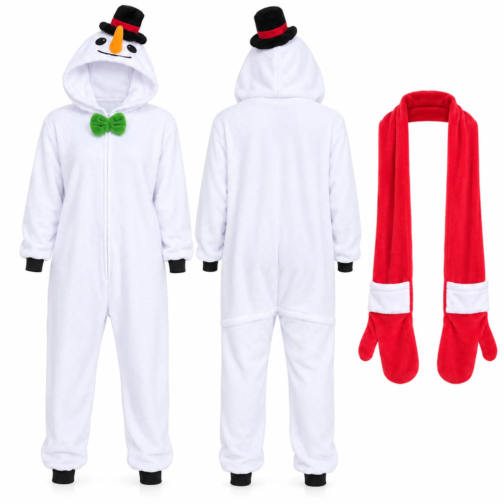 Front and back views show the snowman onesie beside the red scarf.