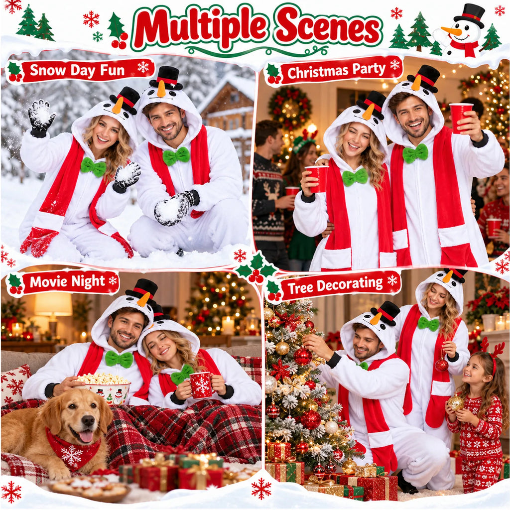 Four scenes show the snowman onesie at winter and holiday activities.