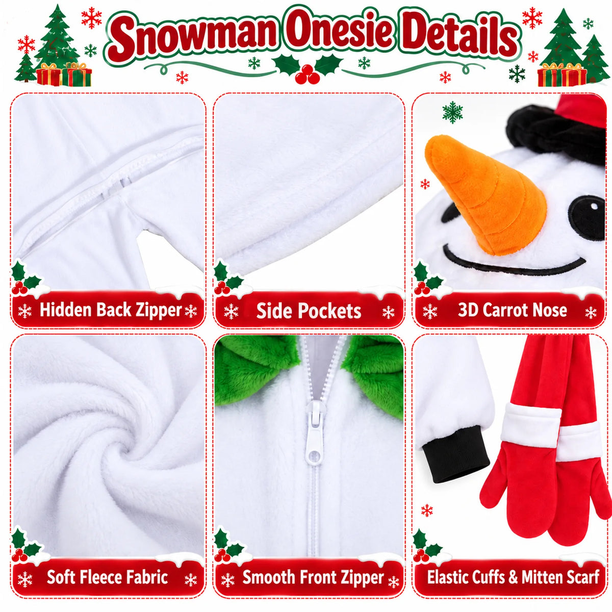 Detail panels show the snowman hood, zippers, fleece, pockets and scarf.