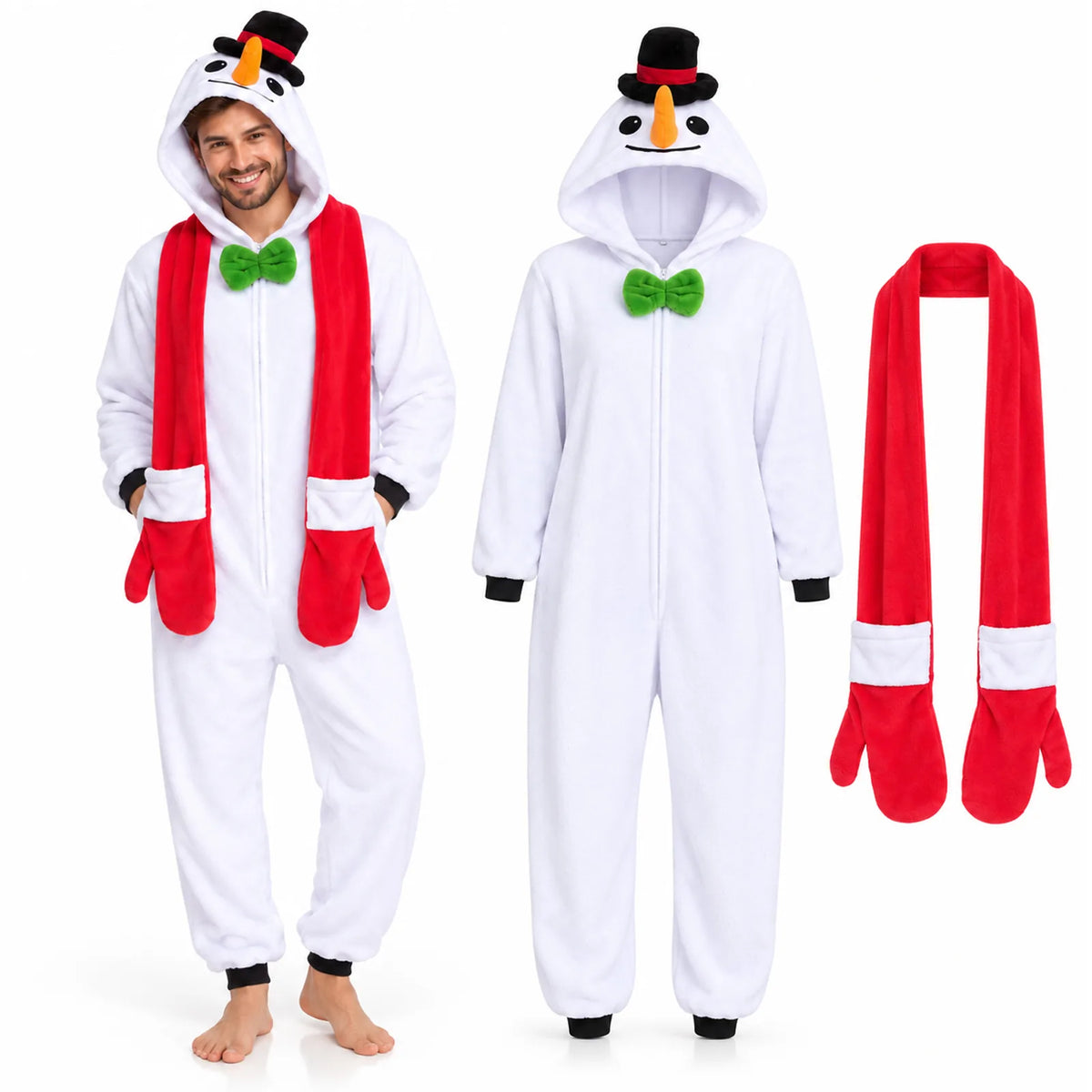 A man wears the snowman onesie beside the separate red mitten scarf.