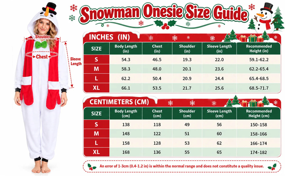 The snowman onesie size chart lists adult garment measurements and recommended heights.