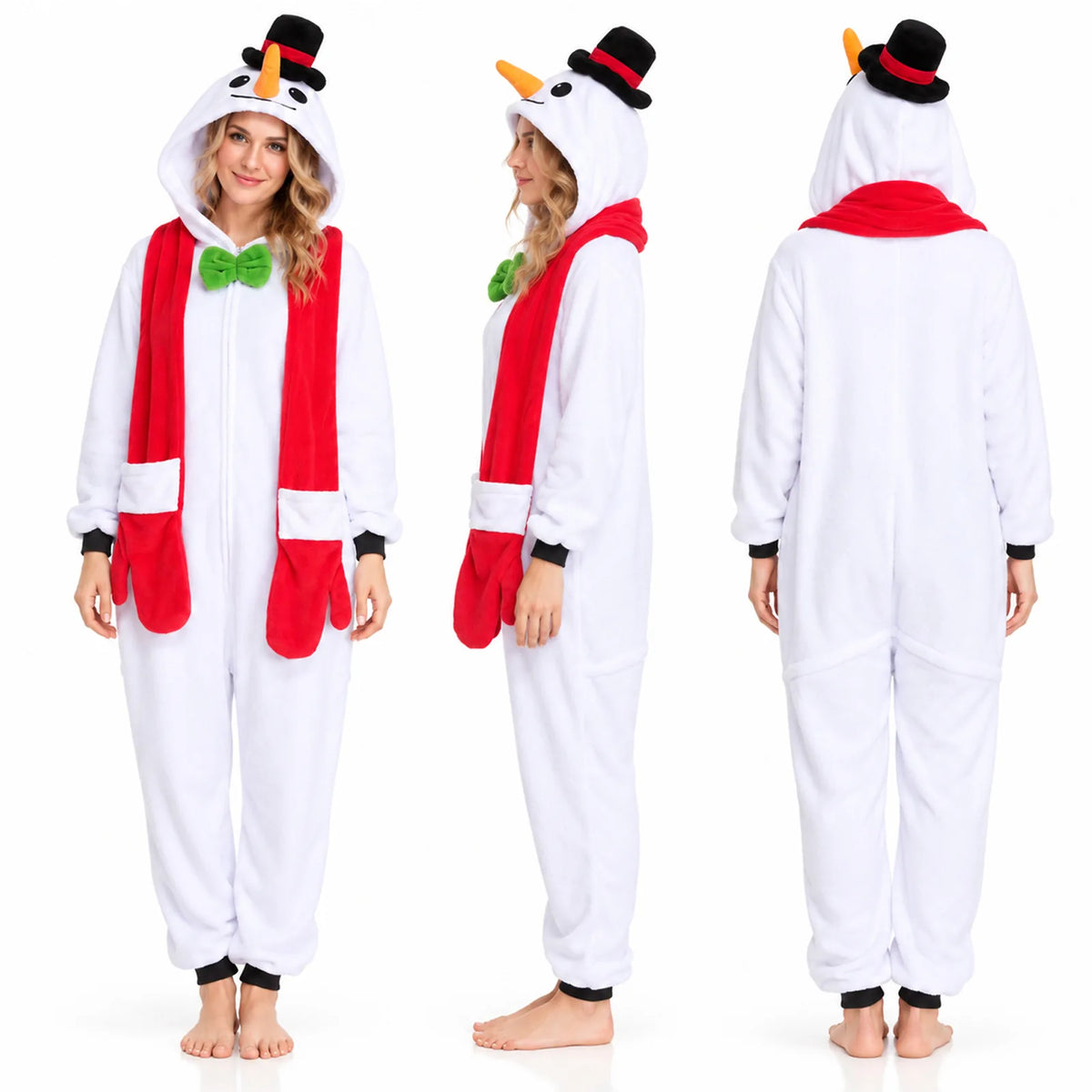 Front, side and back views show the snowman onesie and red scarf.