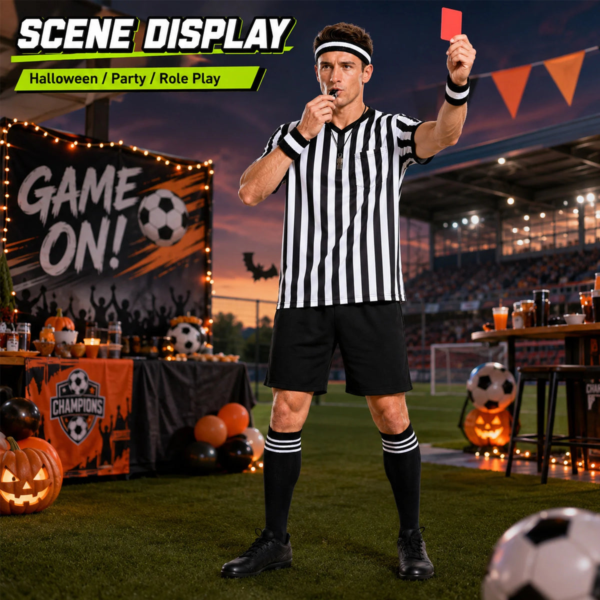 Man wears the referee costume with a whistle and red card at a Halloween party.