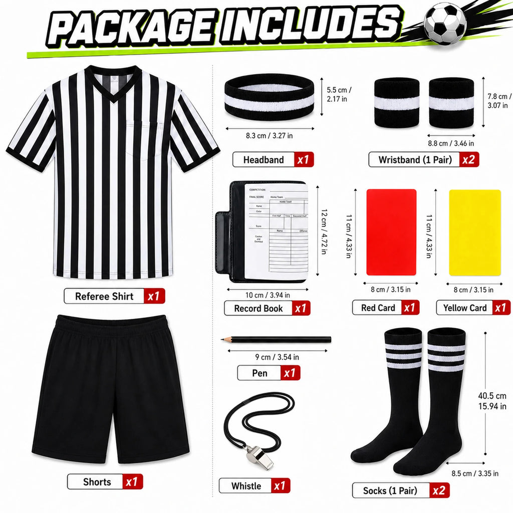 Referee set includes a shirt, shorts, paired socks and wristbands, whistle and officiating props.