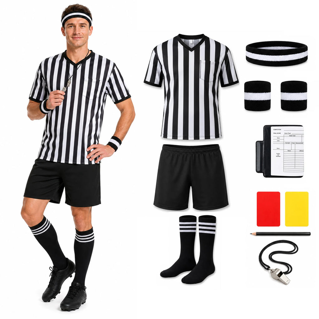Man poses in a black-and-white referee shirt and shorts beside matching accessories.